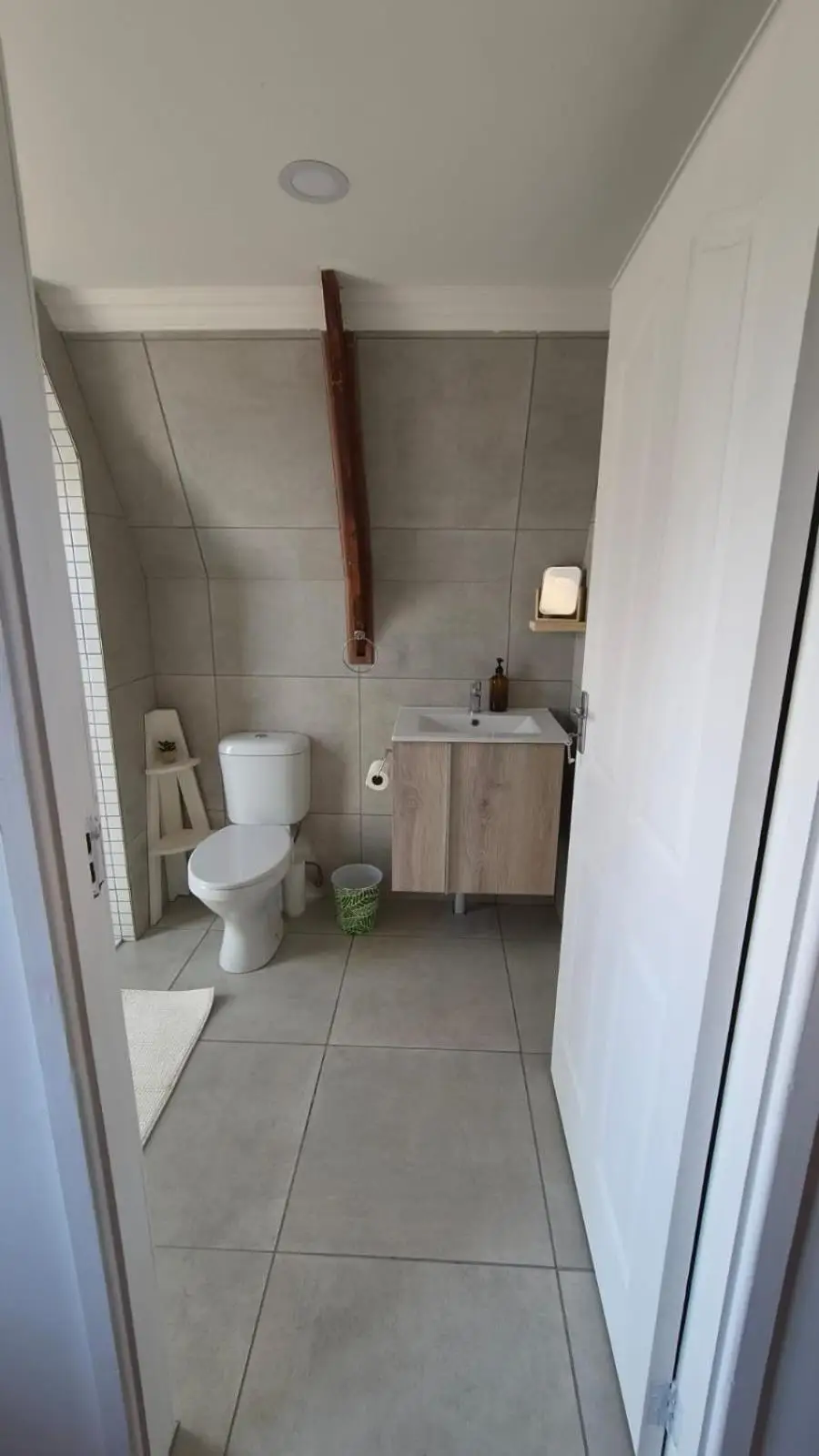The shower room, in pale grey tile